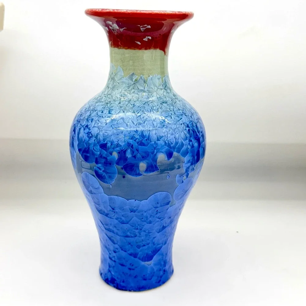 Jingdezhen Home Vase 12in Ceramic Crystalline Glaze Blue Red Flared